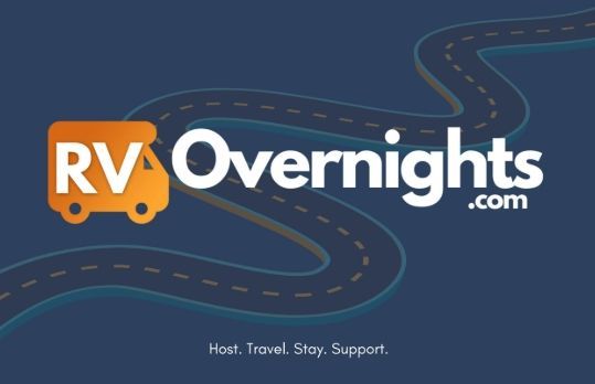 RVOvernights.com logo with orange RV icon on a dark blue road map background and the tagline “Host. Travel. Stay. Support.”