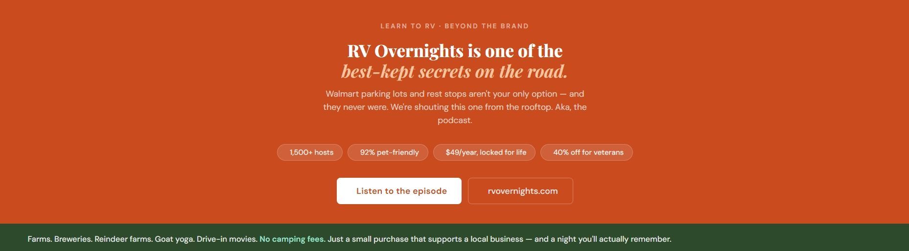 Website homepage with orange hero banner, centered headline, and a white sign-up button above a green footer.