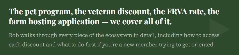 Text listing dog care topics: pet program, veteran discount, FRVA rate, farm hosting application, and coverage for all.