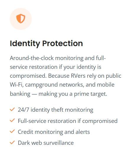 Identity Protection card with shield icon and bullet points on monitoring, restoration, alerts, and dark web surveillance
