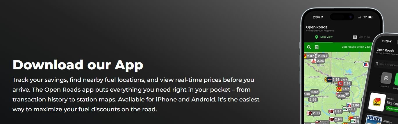 Promotional banner reading “Download our App” with two smartphones showing a map-based app interface.