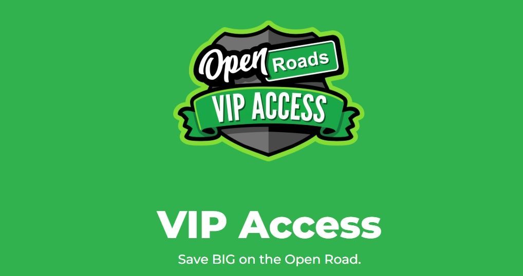 Green Open Roads VIP Access graphic with logo and white “VIP Access” text on a green background