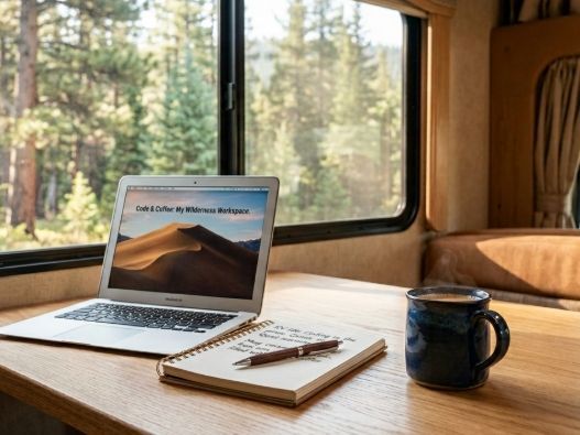 Laptop and notebook on a wooden table by a train window with a dark mug and forest view