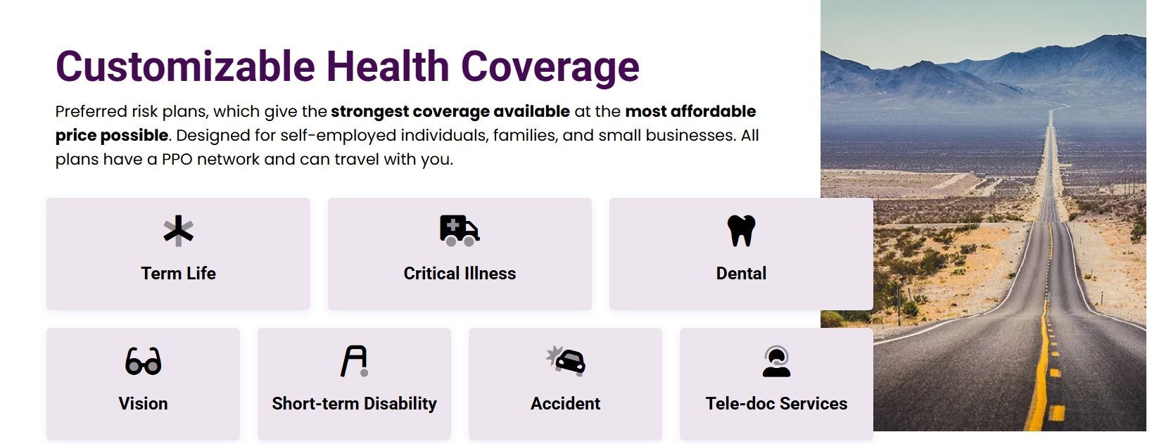 Customizable health coverage options with icons and a road stretching into the distance under a blue sky