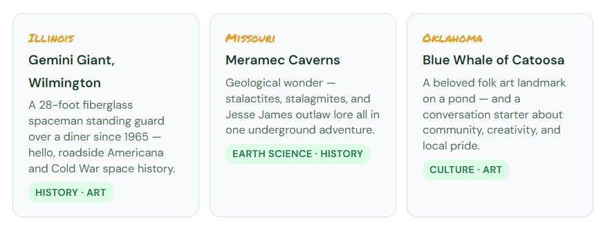 Three travel cards for Gemini Giant, Meramec Caverns, and Blue Whale of Catoosa, with brief descriptions.