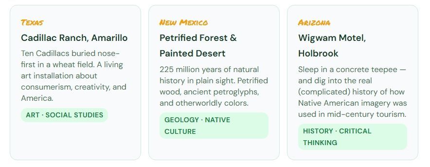 Three resort listings with titles, short descriptions, and green category tags on a white webpage.