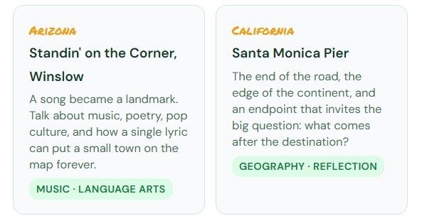 Two white quote cards with state names Arizona and California, each with a short poem and green category labels.
