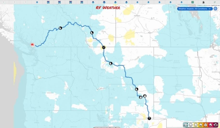A digital map displays an RV route starting in the Pacific Northwest and traveling southeast across several US states.