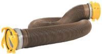A close up of a brown hose with yellow clips on a white background.