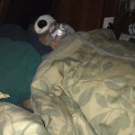 A person is laying in bed with a bottle of water on their head.