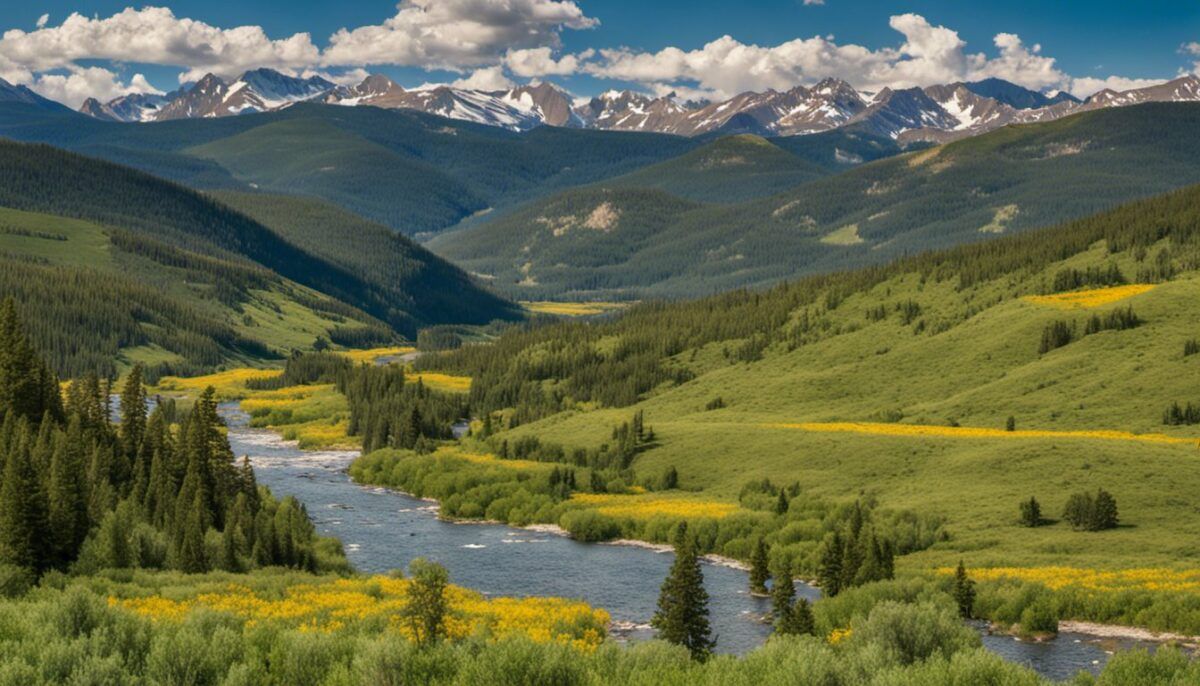 River flows through a green valley with yellow wildflowers and mountains under a blue sky.