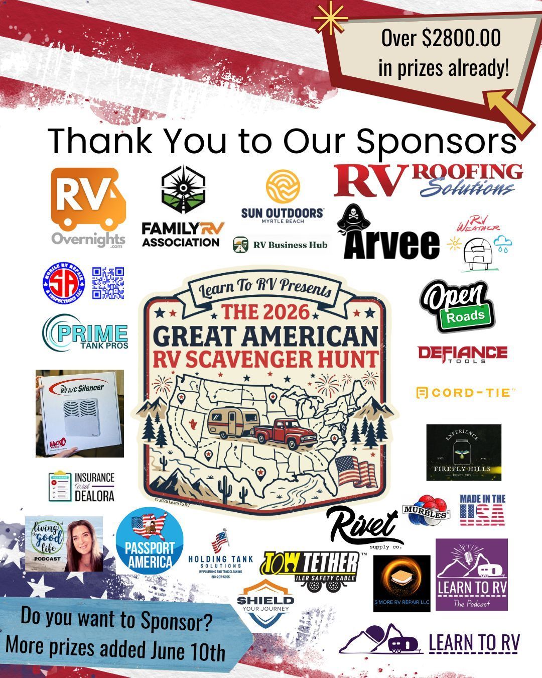Sponsor thank-you collage for the 2026 Great American RV Scavenger Hunt with RV logos and sponsor names