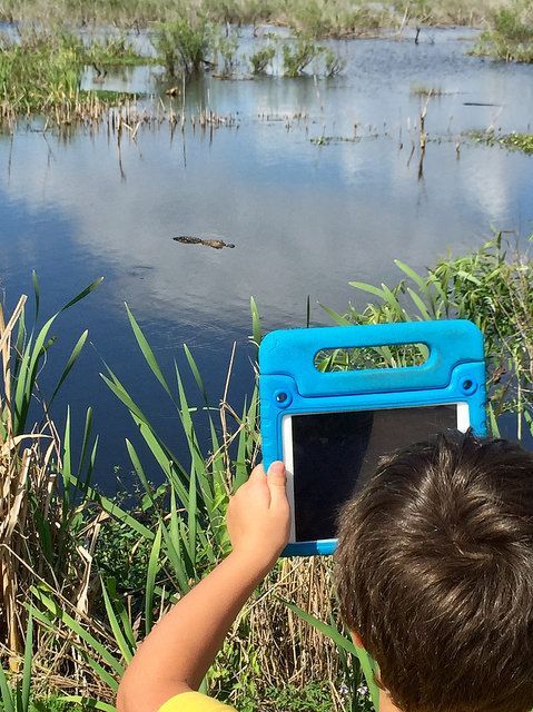 A child is taking a picture of a pond with a tablet