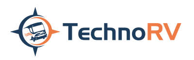 Logo for TechnoRV. A compass rose design with a bus inside, text reads TechnoRV in dark blue and orange.