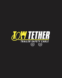 Tow Tether logo in yellow and white on a black background, with trailer safety cable text and wheel icons