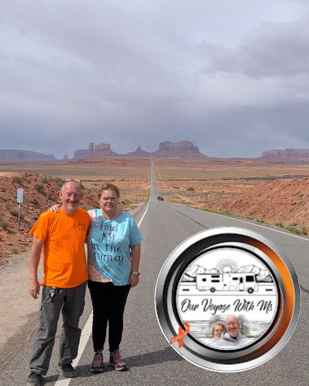 Two people standing on a desert road with red rock mesas under a cloudy sky, badge reading “Our Vegas Road Trip”