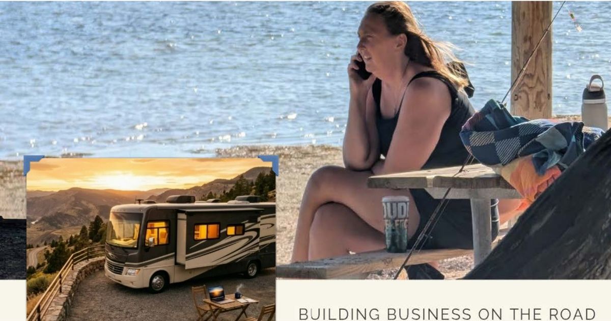 Woman sitting at a beach campsite beside a bus, with a bus-in-the-desert inset and the text “BUILDING BUSINESS ON THE ROAD.”