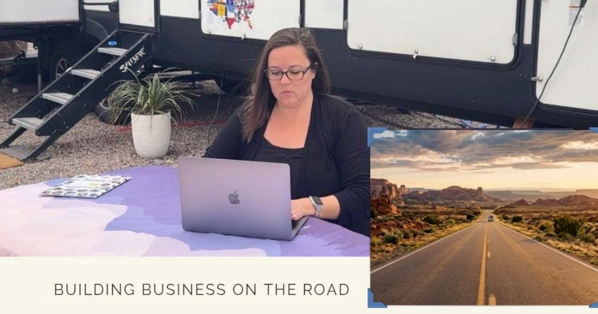 Woman working on a laptop in a trailer office, with a road landscape and “Building Business on the Road” text.
