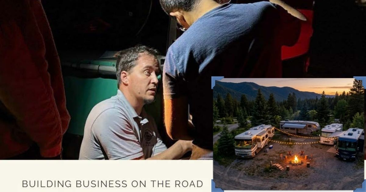 Man speaking inside an RV, with a campsite at dusk and the caption “Building business on the road.”