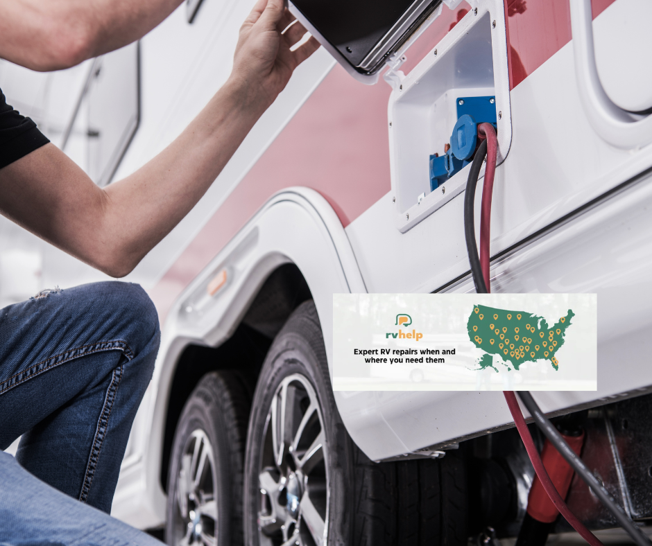 Person plugging in an RV's electrical cord. Red and white RV with USA map logo.