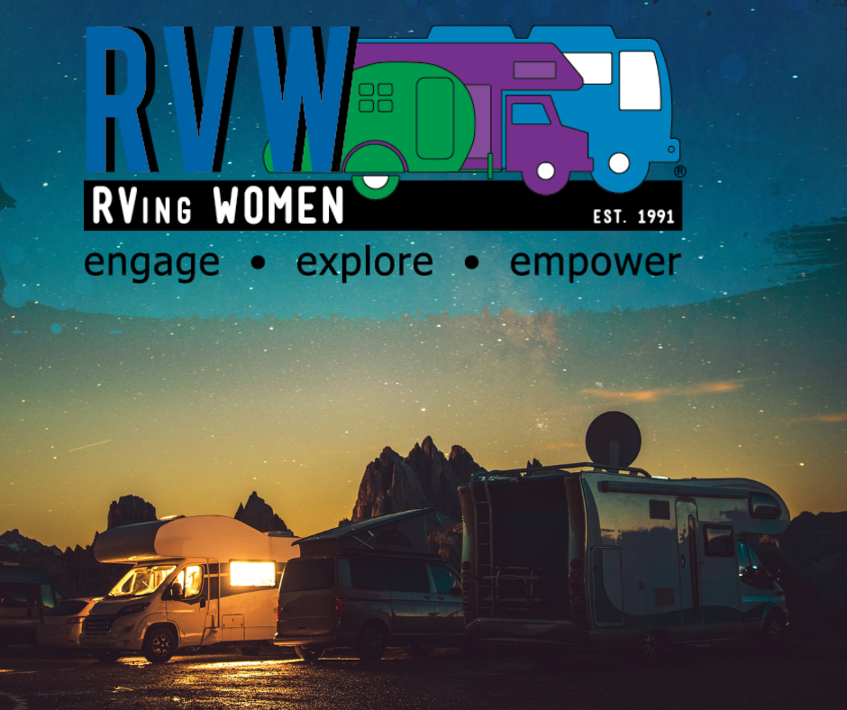 Logo for RVing Women with RVs and sunset campsite scene.