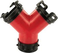 A red y connector with two black handles on a white background.