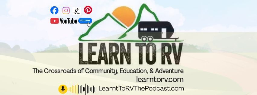Learn to RV logo with mountains, sunset, trailer, and social media icons.