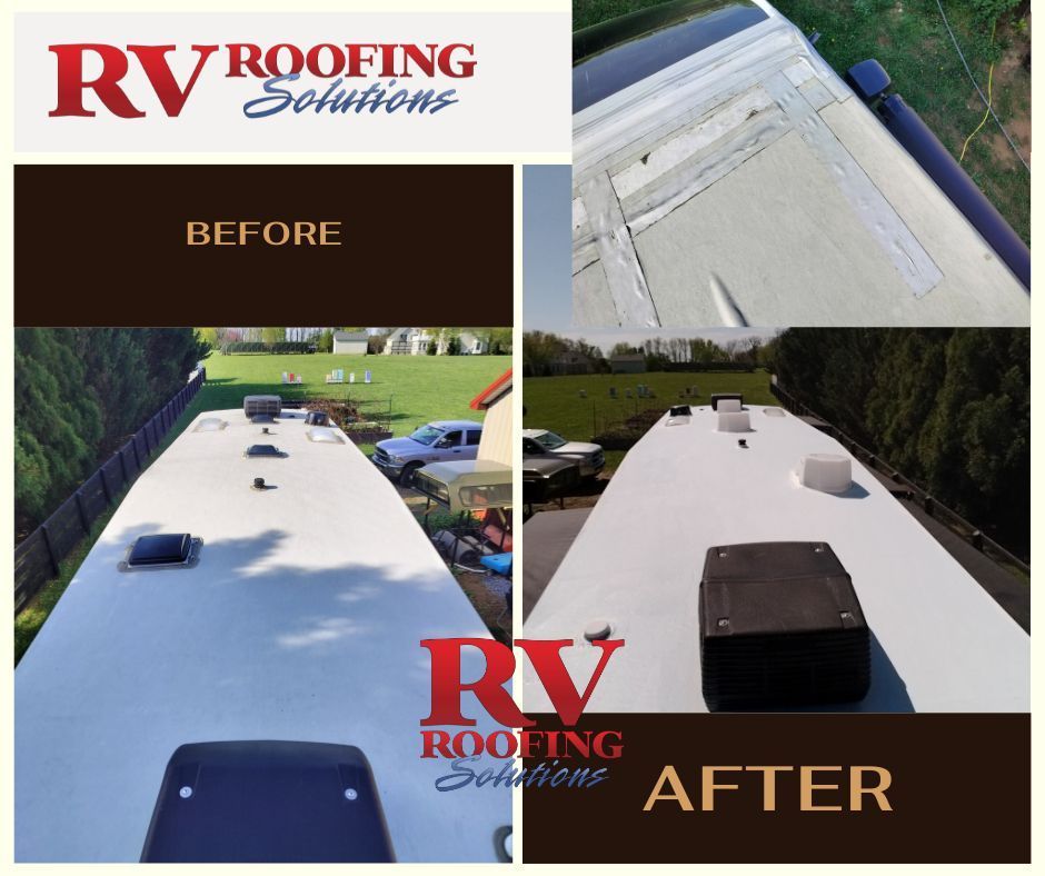 A before and after picture of a rv roofing solution
