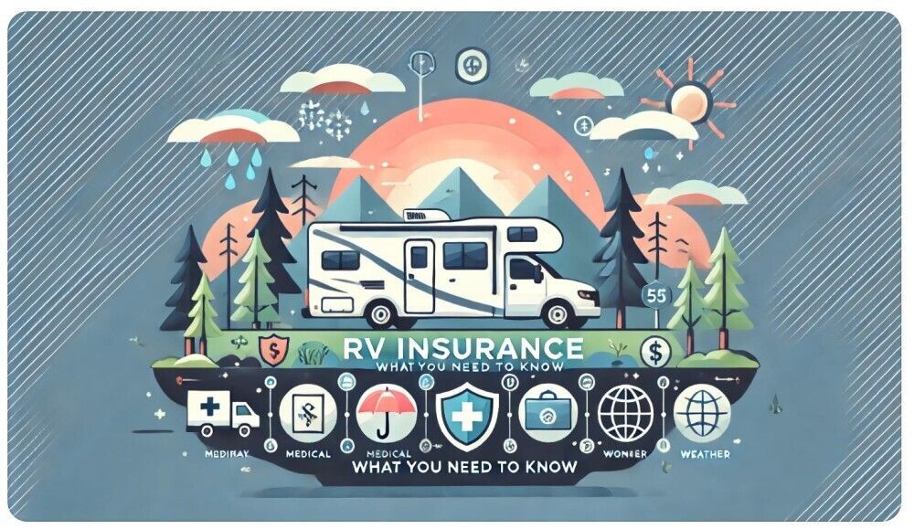 Illustrated RV insurance graphic with motorhome, icons, mountains, and the text “RV Insurance” and “What You Need to Know”