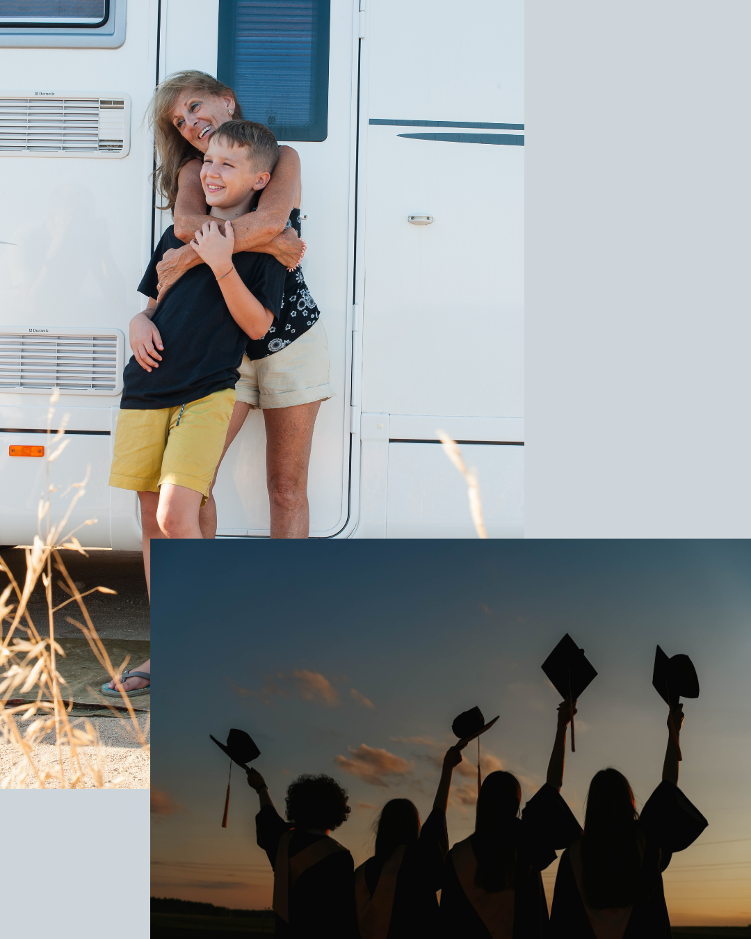 A woman and a boy are hugging in front of a camper