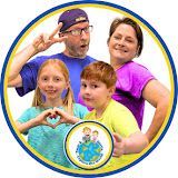 Family portrait in a circular frame, with a blue background and a small globe emblem at the bottom.