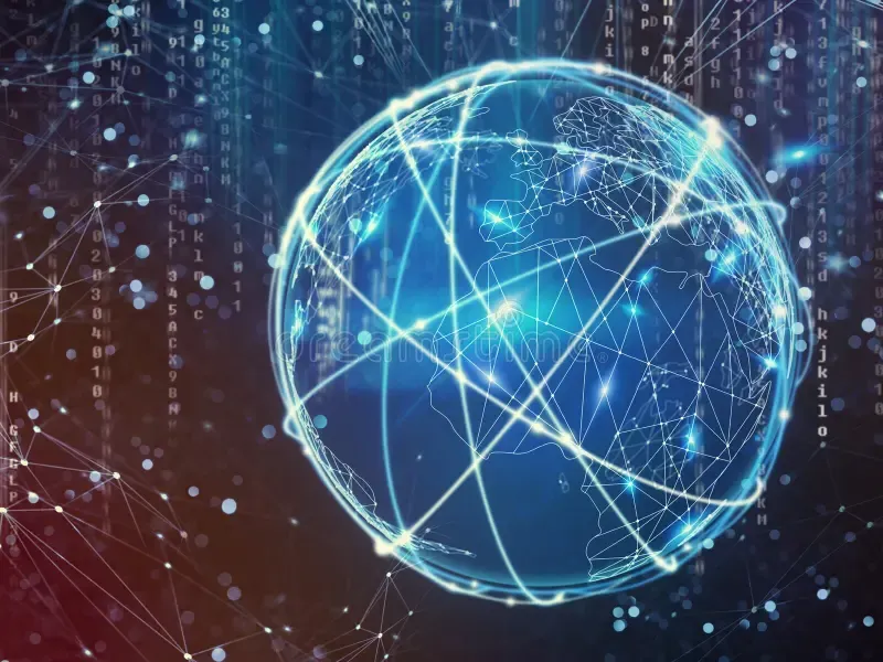 Blue globe with connecting lines overlaid, against a background of digital code.