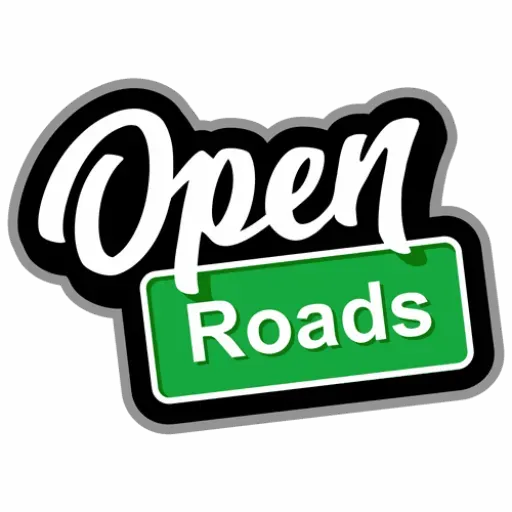 Open Roads logo in white script on black, with green road-sign-style text below