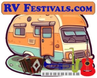 RV Festivals website logo: cartoon RV with musical instruments.