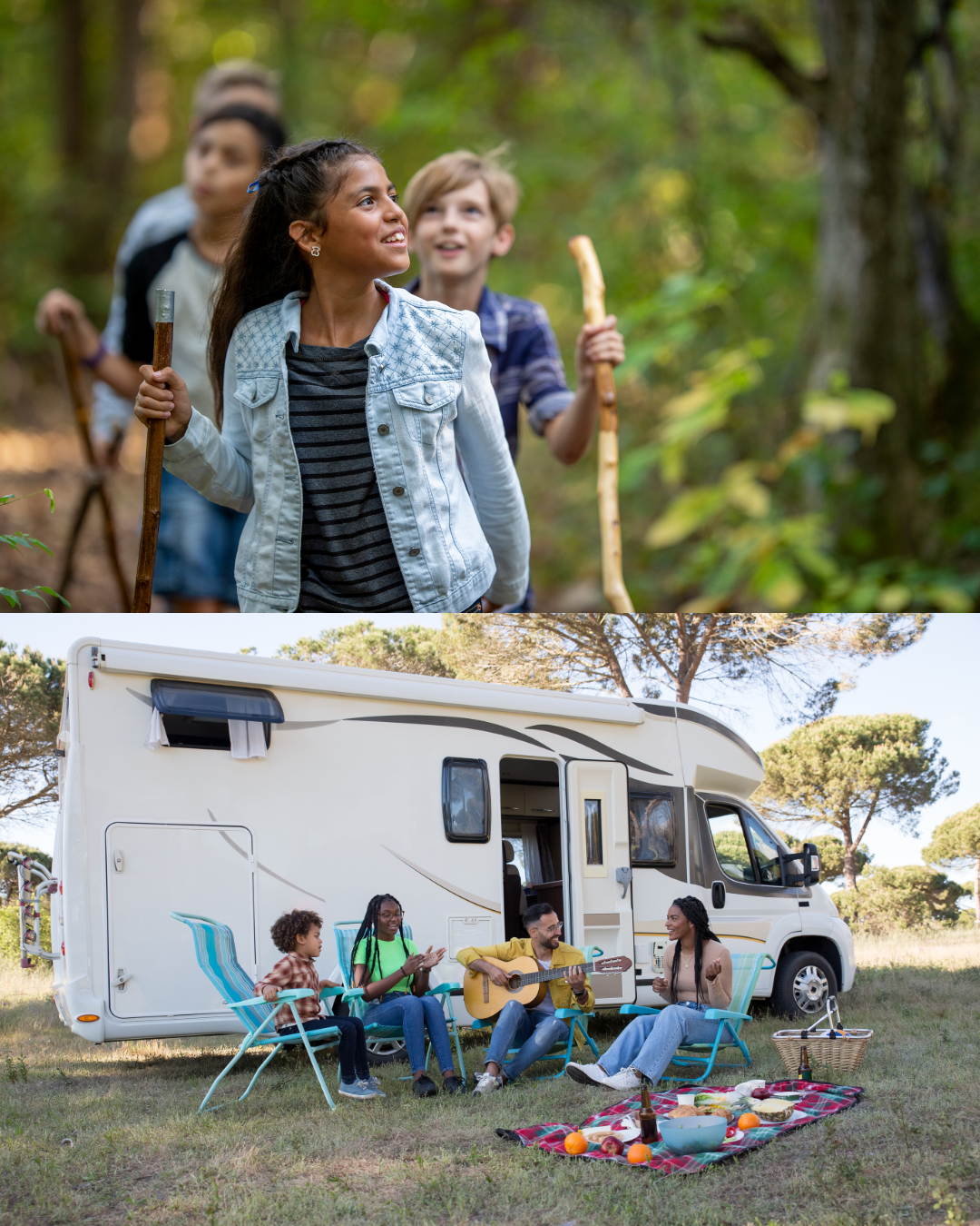 A group of people are having a picnic in front of a rv.