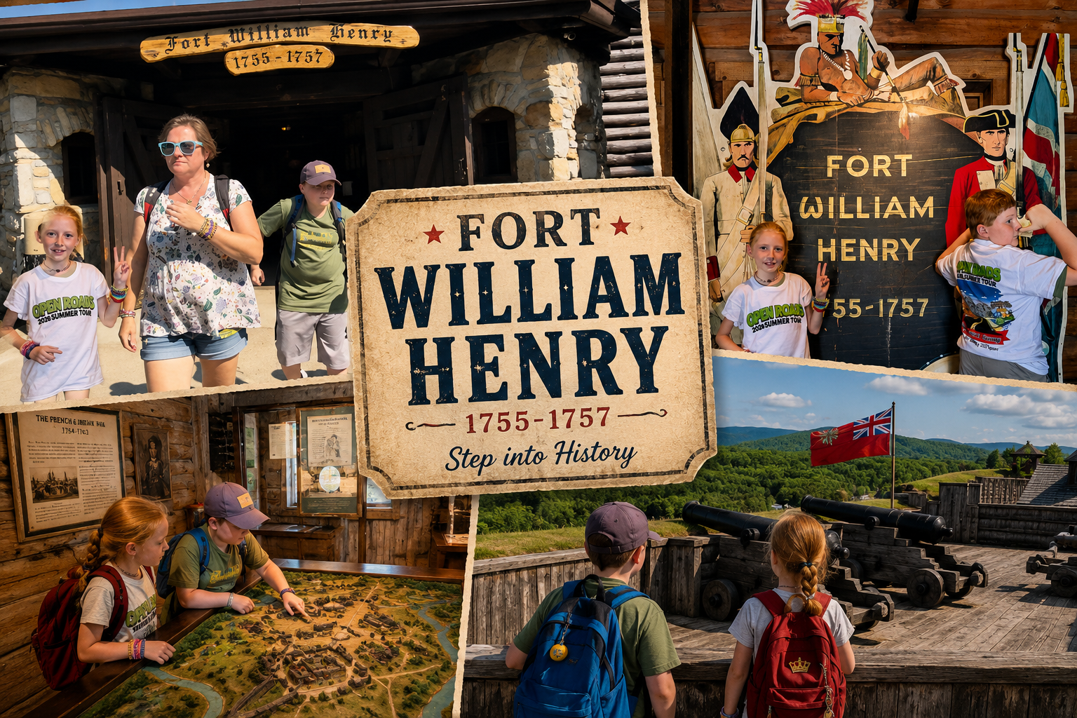 Fort William Henry tourist sign with visitors in a rustic outdoor historical display