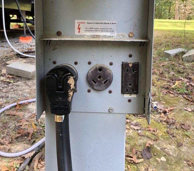 RV park electrical outlet panel with various power receptacles.