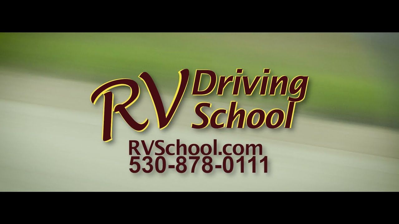 RV Driving School logo with website and phone number, against a blurred green background.