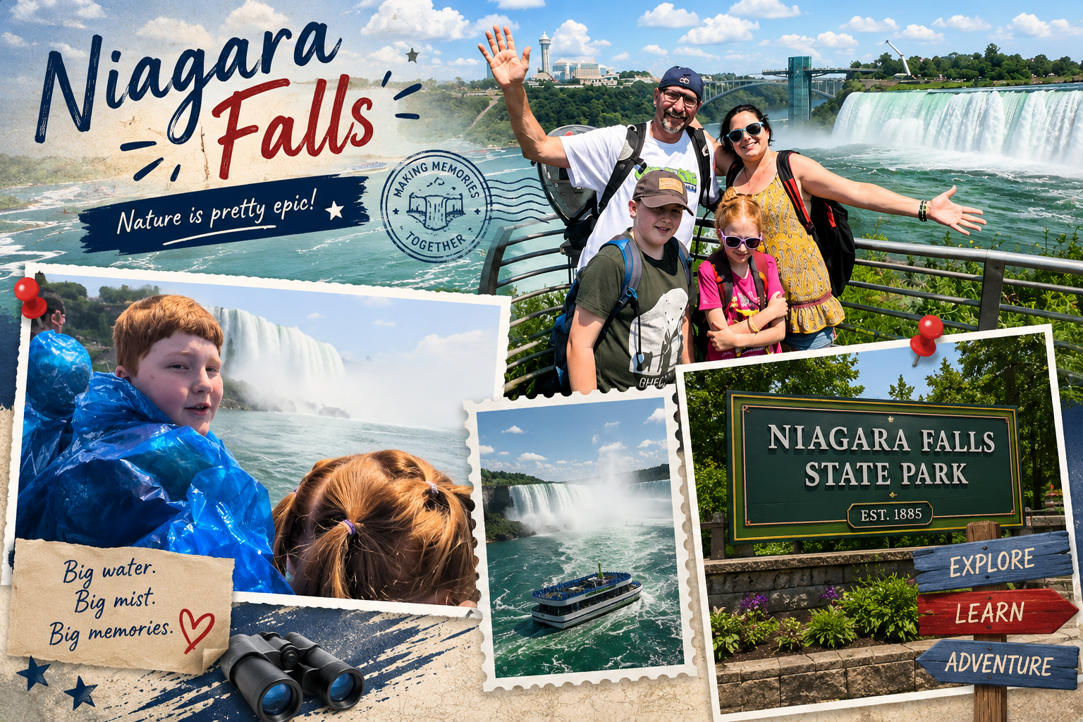 Niagara Falls collage with waterfall views, family photos, and a Niagara Falls State Park sign