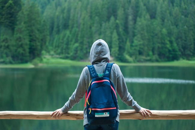 Person with backpack standing at a wooden railing, gazing at a lake and forest.