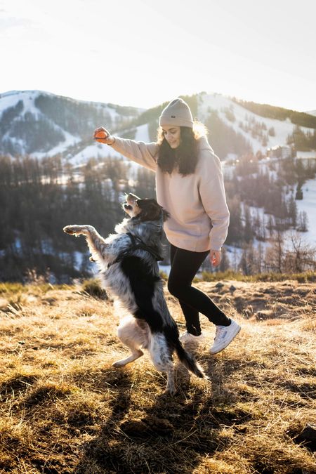 Woman playing with dog on a hill with mountains in the background; dog jumps for a ball.