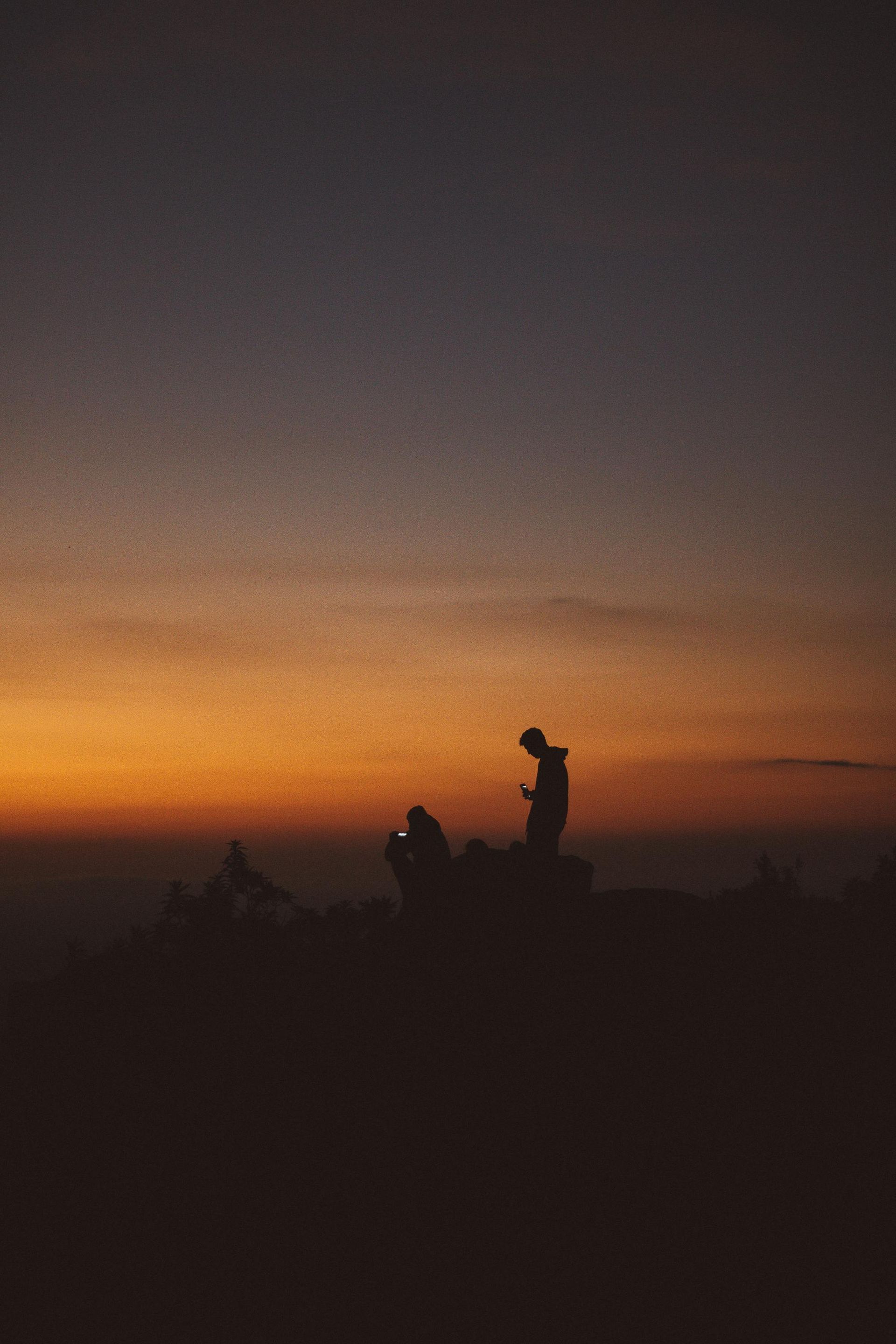 Silhouetted figures on a hilltop at sunset: orange and blue sky, one person using a phone.