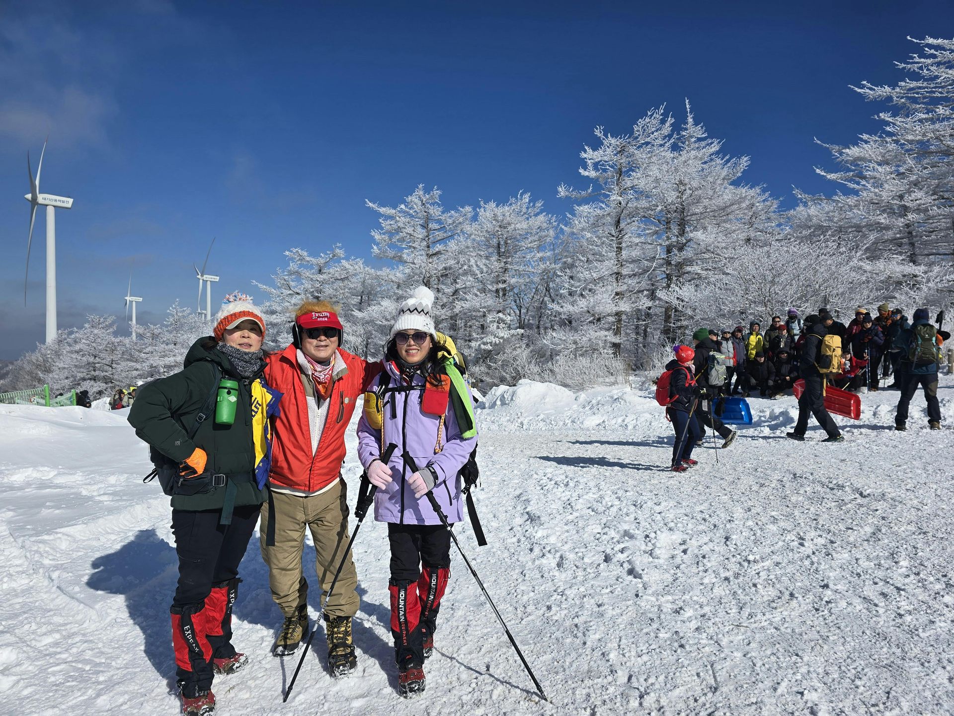 Three hikers pose in snow with wind turbines and frosted trees.