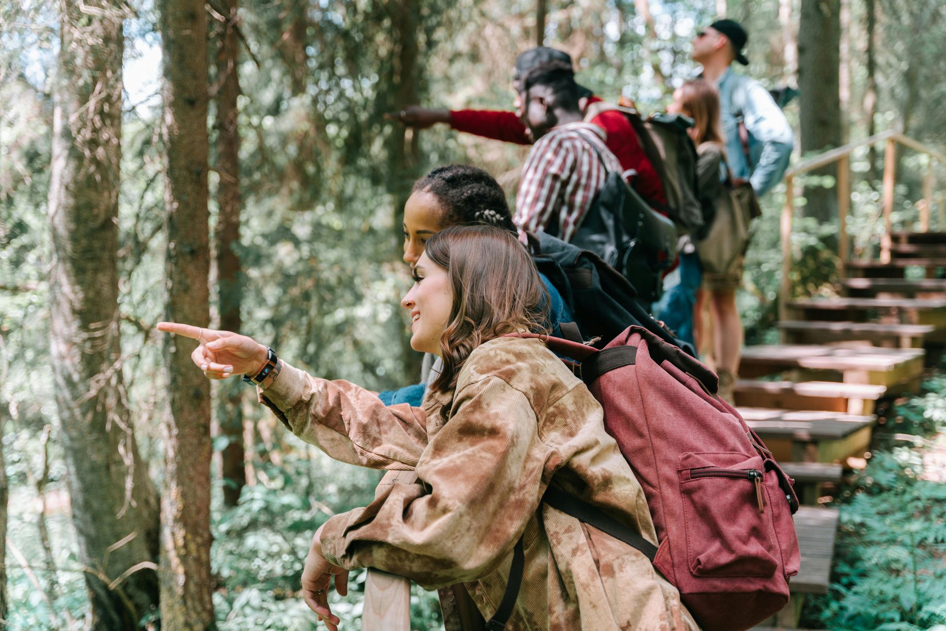 Group of hikers on wooden steps, pointing towards the forest. Sunlight, backpacks, trees.
