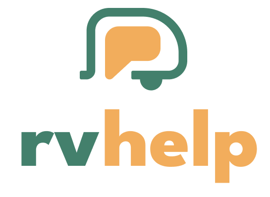 Logo for RV help, green and orange. Contains a stylized RV shape above 