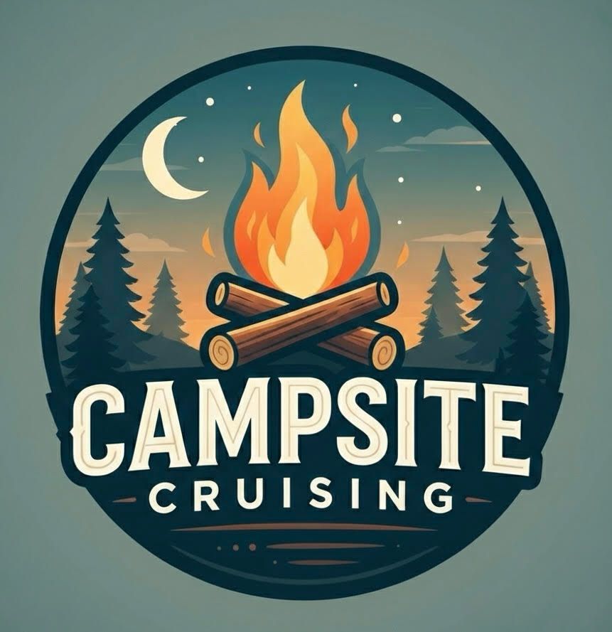 Circular campsite logo with a campfire, tents and pine trees at dusk, reading “CAMPSITE CRUISING”