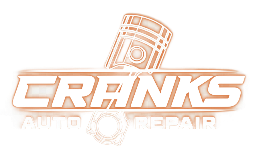 Logo for Cranks Auto Repair, featuring a piston and the word