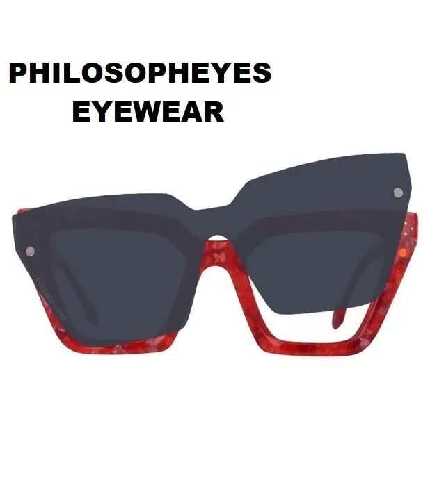 Occhiali da sole con montatura rossa e lenti grigie. Sopra è riportato il marchio "PHILOSOPHEYES EYEWEAR".