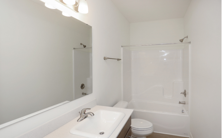 Bathroom showing the sink, large mirror, toilet, and a shower/tub combo