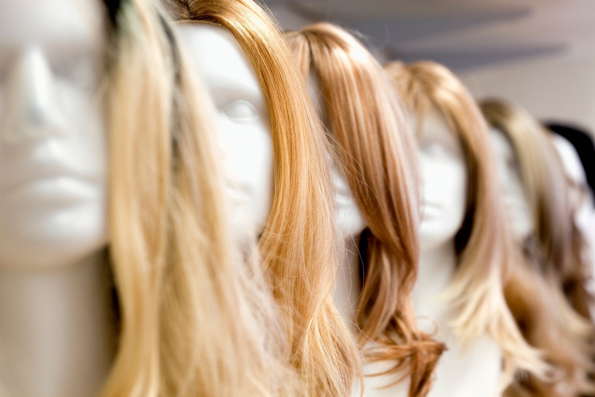 Mannequin heads with various shades of blonde and brown wigs. Mannequin heads with various shades of blonde and brown wigs.